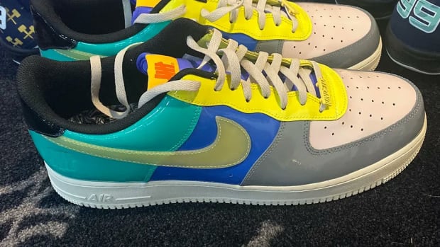 View of multi-colored Nike shoes.